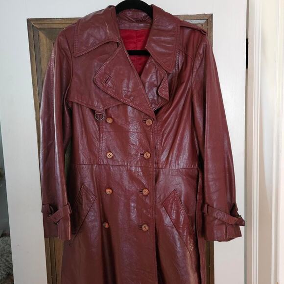 Long Red Leather Jacket Vinage 60s 70s Burgundy Large Trenchcoat - Picture 3 of 8